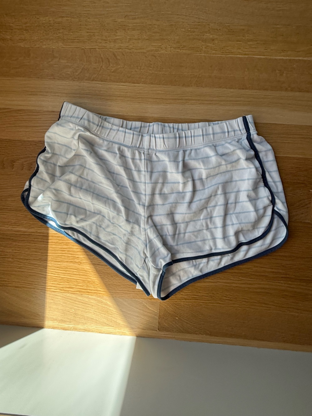 Striped White and Navy Women’s Athletic Shorts